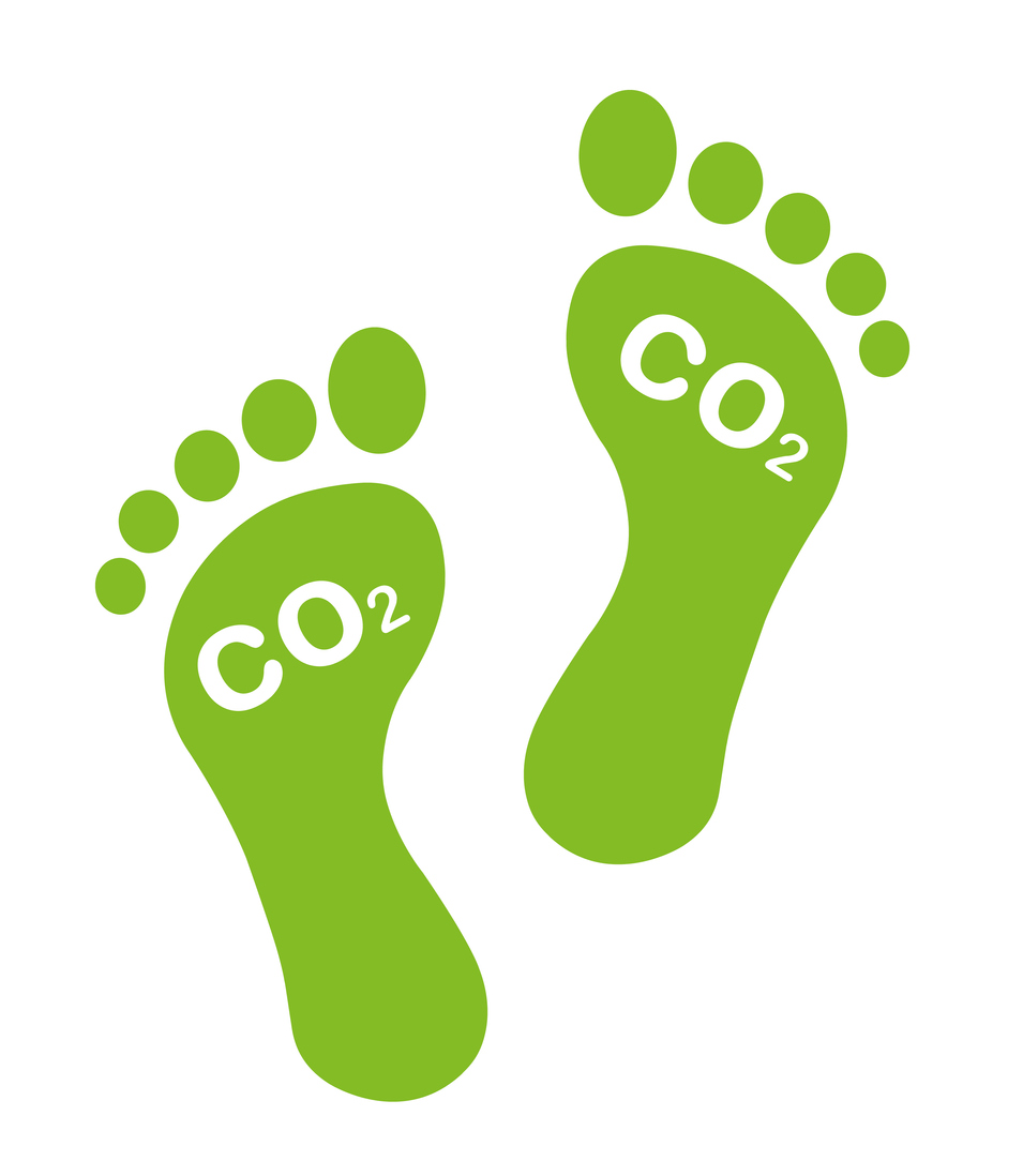 Kaksi vihreää jalanjälkeä, joissa merkintä CO2