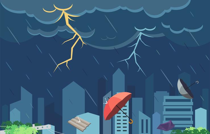Kuvituskuva: ukkosmyrsky taustalla kaupungin siluetti